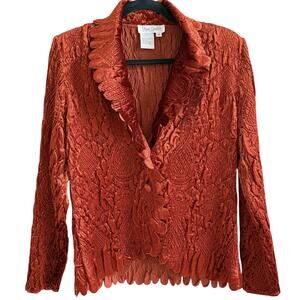 Vtg 90s Y2k Crushed Velvet Jacket top Burnt Orange Sz M Whimsigoth Scalloped